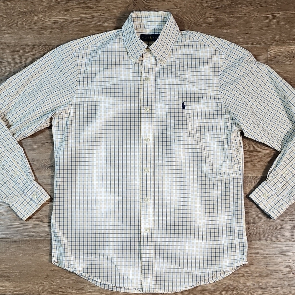 Ralph Lauren 100% Cotton Yellow Navy Check Plaid Long Sleeve Button Down Shirt - Picture 3 of 14